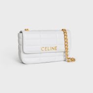 Celine Claude Chain Shoulder Bag in Quilted Calfskin with Celine Letters White