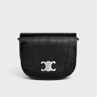 Celine Medium Besace Triomphe Bag in Crocodile Embossed Calfskin Black