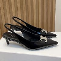 Celine Alma Triomphe Slingback Pumps Women Shiny Calfskin Black