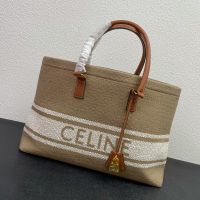 Celine Horizontal Cabas Bag In Striped Textile with Celine Print Khaki