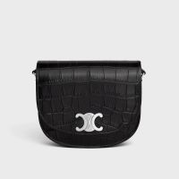 Celine Medium Besace Triomphe Bag in Crocodile Embossed Calfskin Black