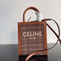 Celine Mini Vertical Cabas Bag in Tweed Canvas with Celine Paris Print Brown