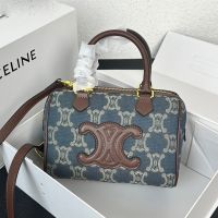 Celine Small Boston Bag in Triomphe Denim with Cuir Triomphe Blue