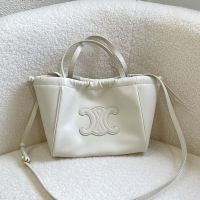 Celine Small Cabas Drawstring Bag in Smooth Calfskin with Cuir Triomphe White