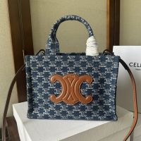 Celine Small Cabas Thais Bag in Triomphe Denim with Cuir Triomphe Blue