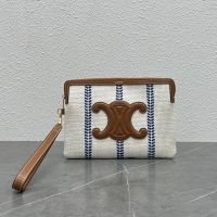 Celine Small Strap Pouch in Striped Textile with Cuir Triomphe White