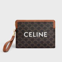 Celine Small Strap Pouch in Triomphe Canvas with Celine Print Brown