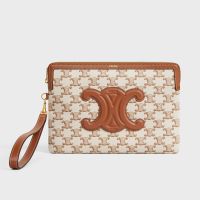 Celine Small Strap Pouch in Triomphe Textile with Celine Print White
