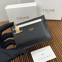 Celine Zipped Card Holder with Triomphe Charm In Shiny Calfskin Black